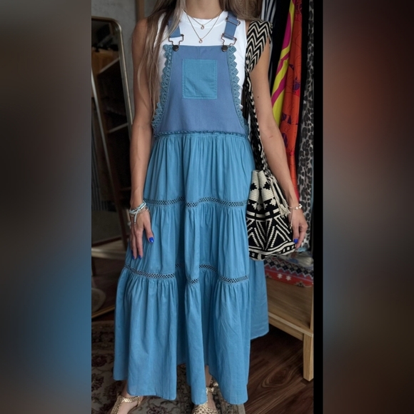 HYFVE Size Large Overall Midi Dress Cottagecore Boho Farmcore Dress Cotton Blue - Picture 3 of 11